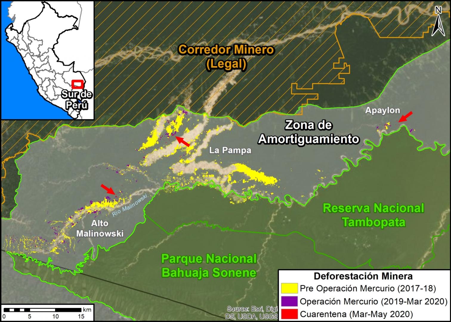 AUMENTO. La minería ilegal crece en otros puntos dentro de la zona de amortiguamiento de la Reserva Nacional Tambopata. 