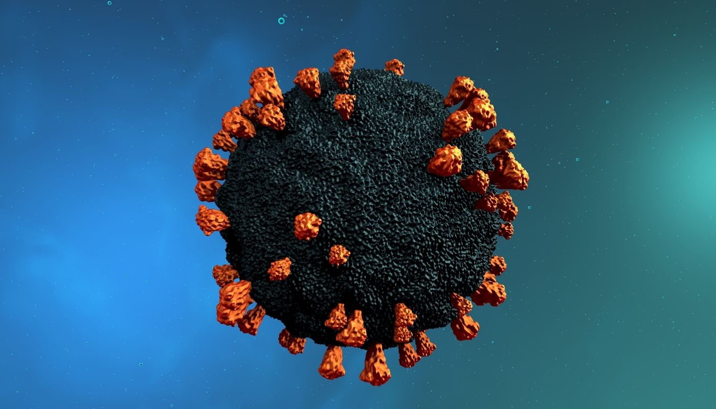 Variante Delta. Vista microscópica de una célula infecciosa del virus SARS-CoV-2. Detalle de virus con proteínas de pico.