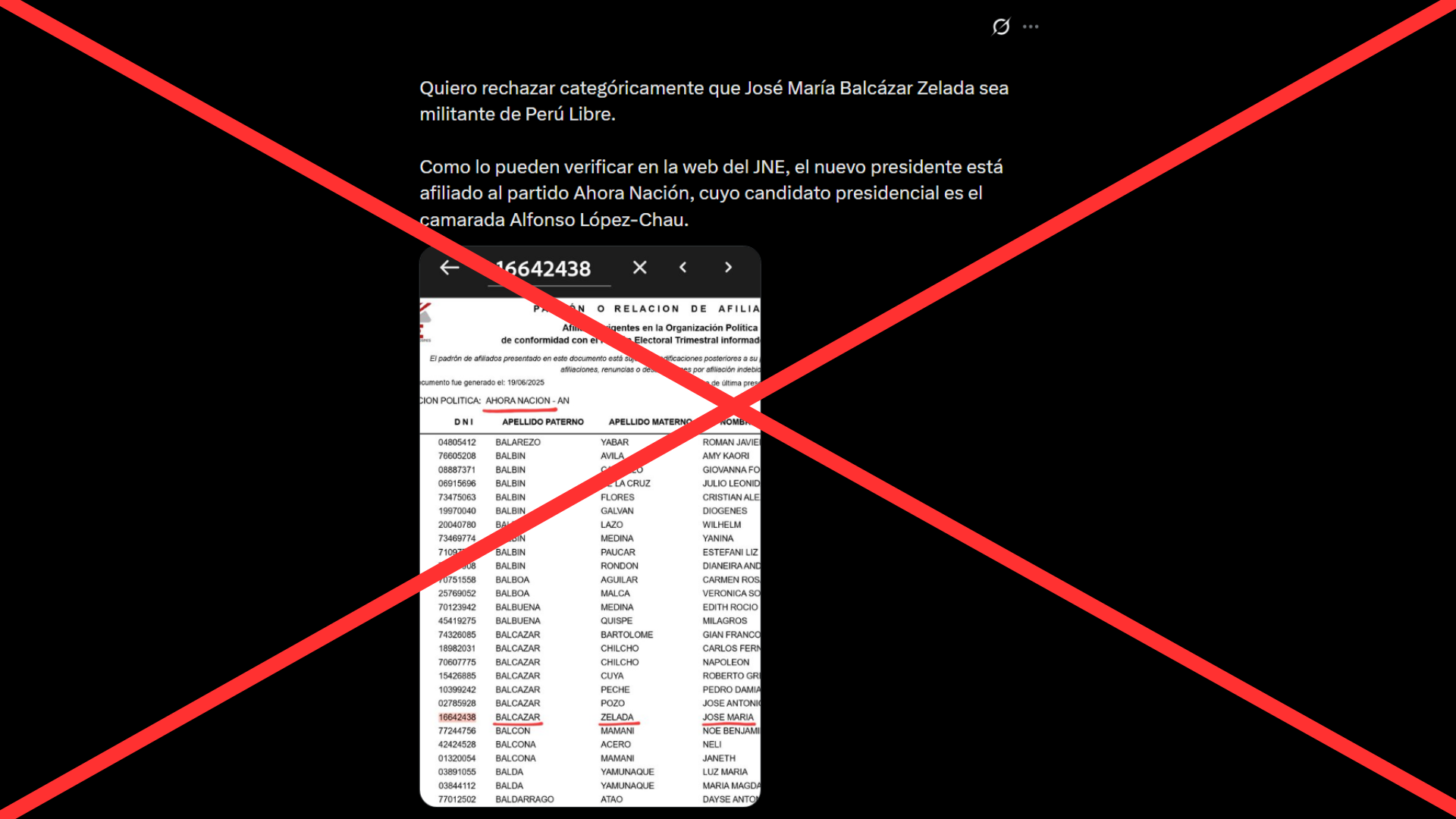 Es falso que el presidente José María Balcázar está afiliado actualmente al partido Ahora Nación
