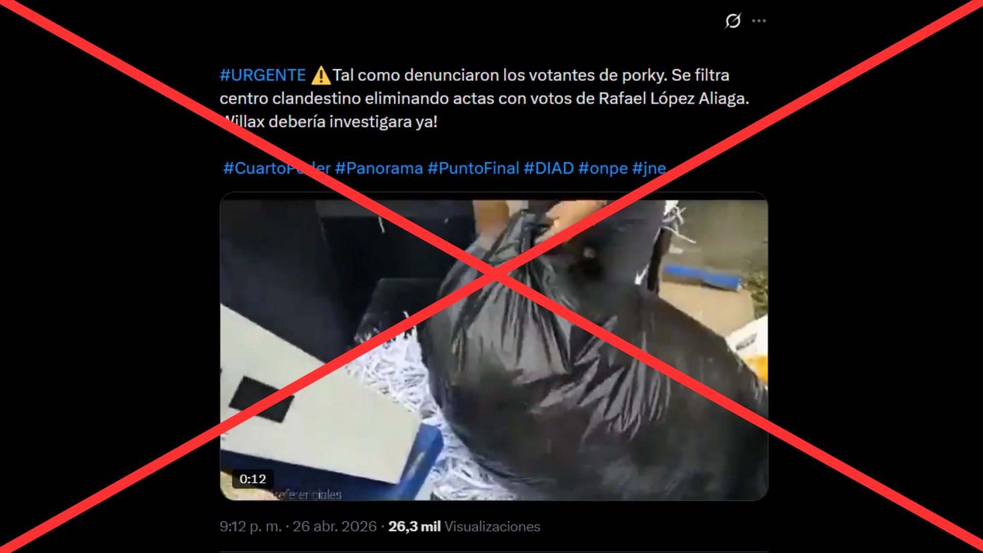 Es falso que se filtró un video acerca de una supuesta eliminación de actas con votos a favor del candidato López Aliaga en un centro clandestino