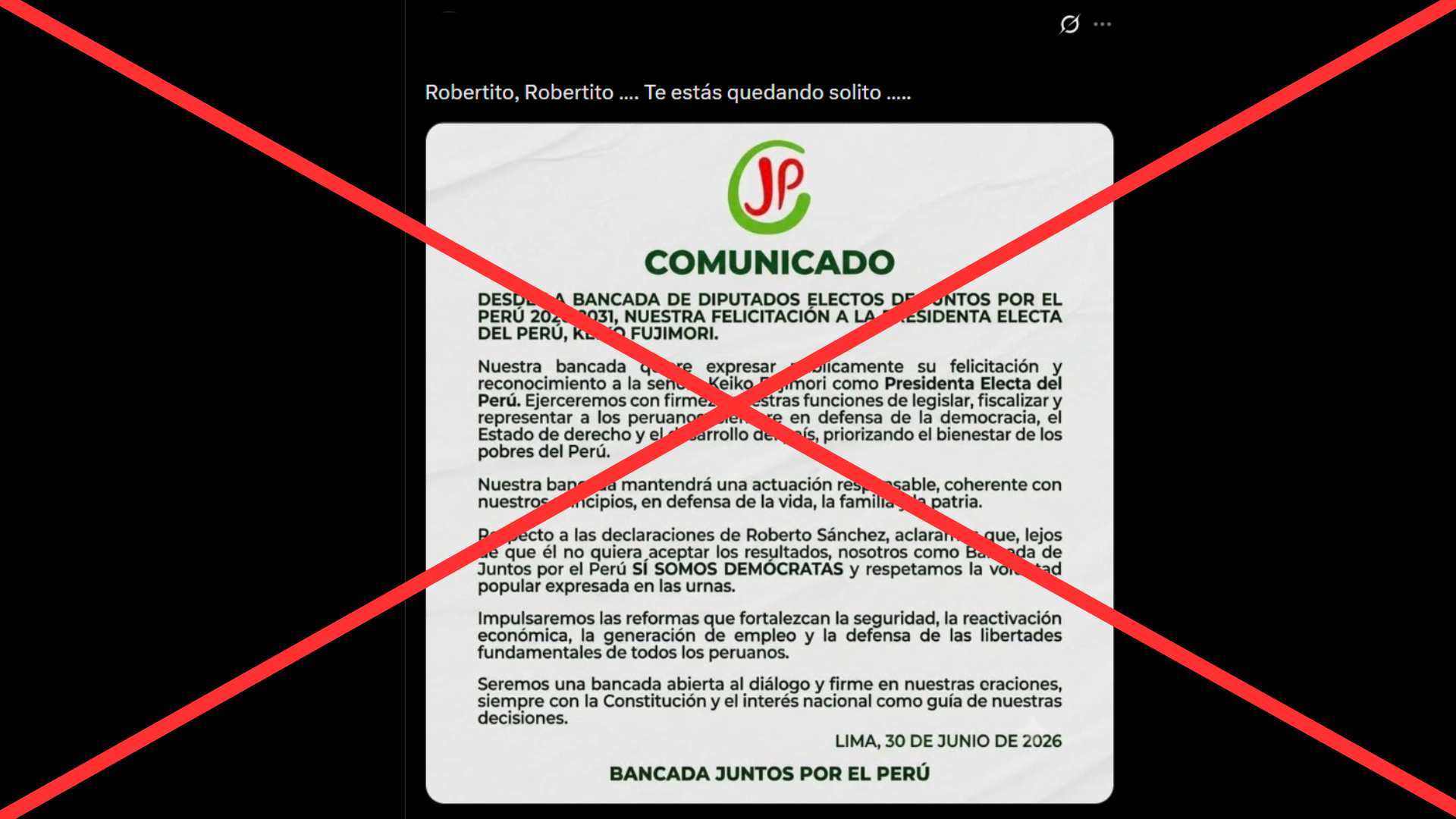 Es falso el supuesto comunicado en el que la bancada de diputados de Juntos por el Perú felicita a Keiko Fujimori como presidenta electa