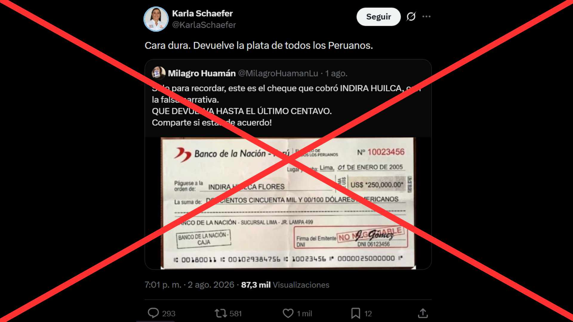 Es falsa la imagen difundida por Karla Schaefer sobre un supuesto cheque a favor de Indira Huilca: fue creada con IA