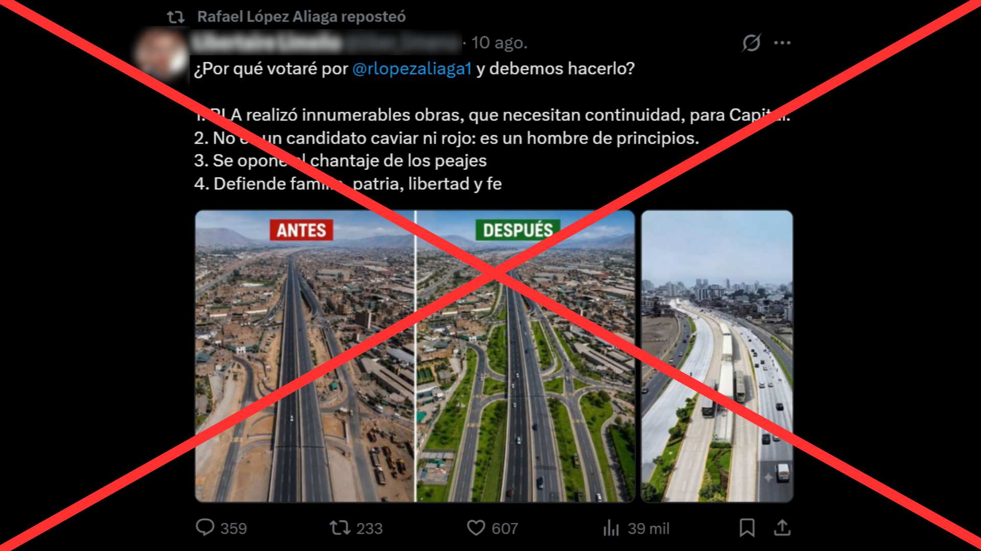 La imagen difundida por Rafael López Aliaga sobre supuesto estado del bypass Las Torres no es real: fue alterada con IA
