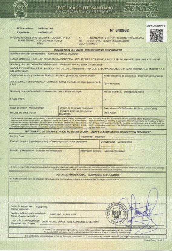 Certificado fitosanitario