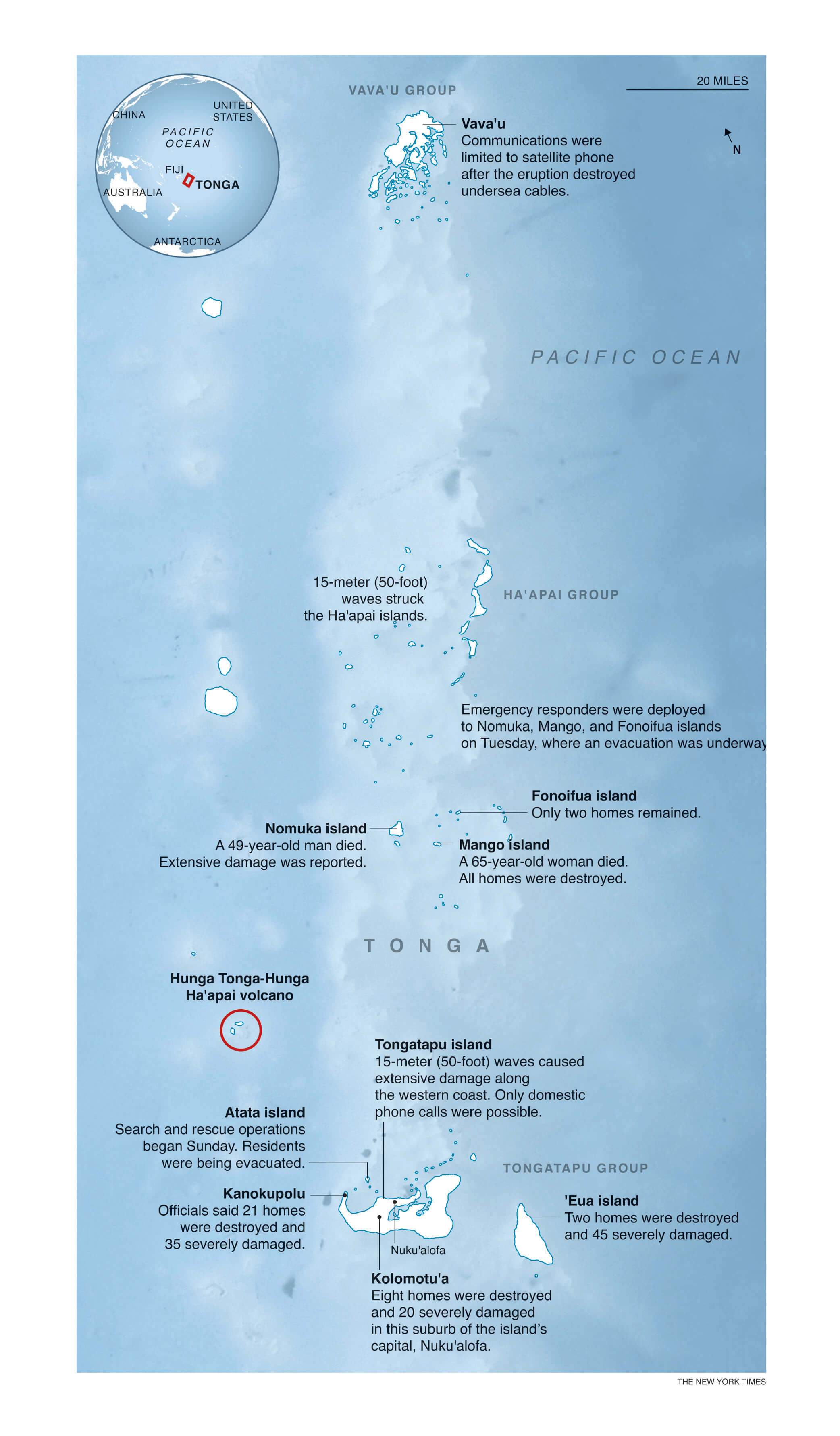 infografía del mapa de tonga y las principales afectaciones que dejó la erupción del volcán Hunga.