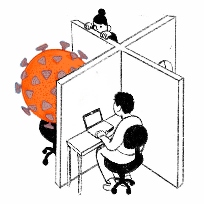 Ilustración de un virus del Covid-19 y trabajadores en una oficina