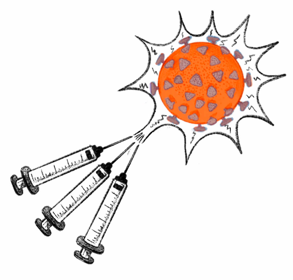 Ilustración de un virus del Covid-19 y vacunas