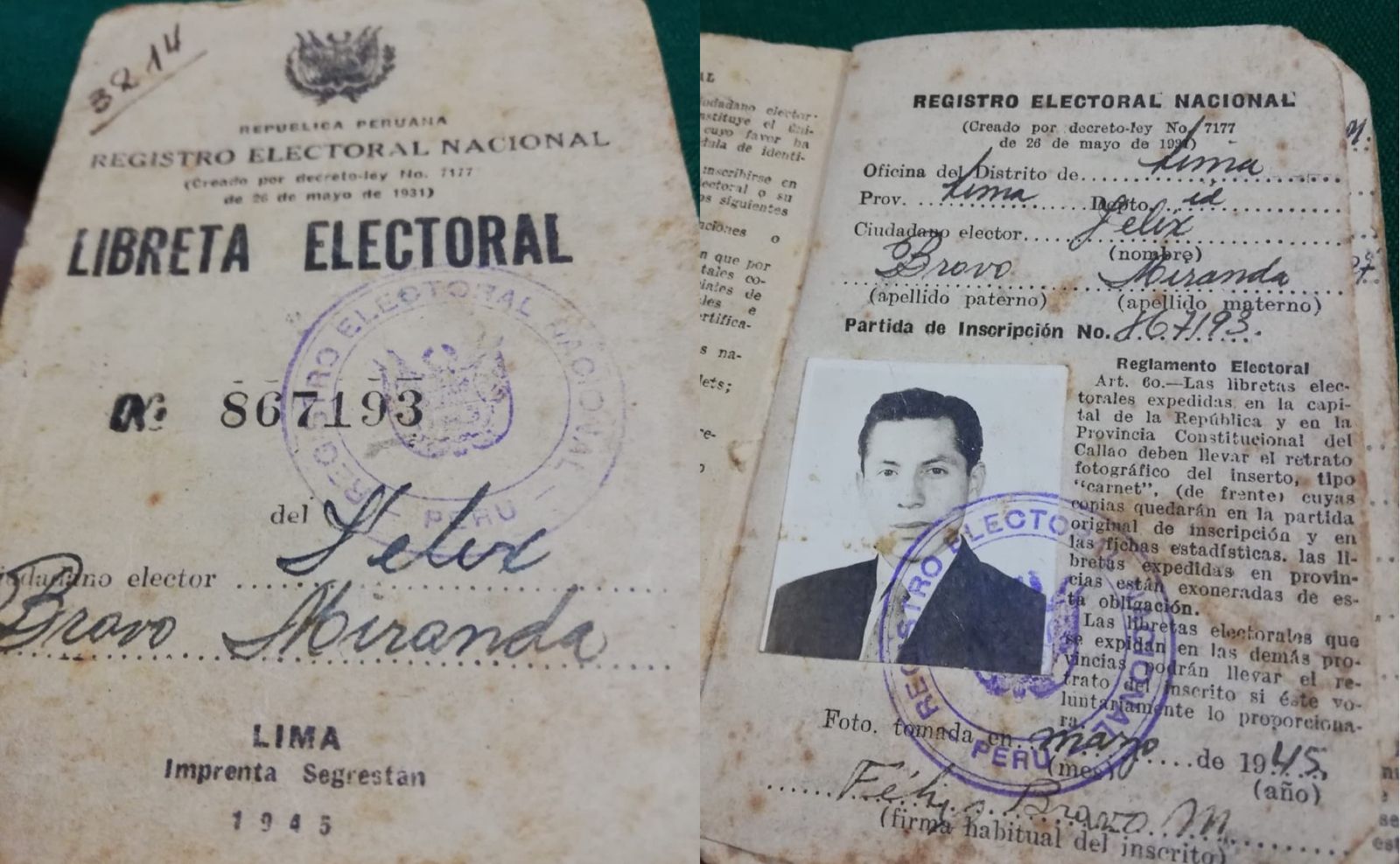 Libreta electoral Félix Bravo