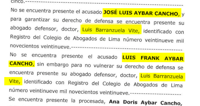 Extracto de documento judicial donde los Aybar Cancho presentan a Luis Barranzuela como abogado.
