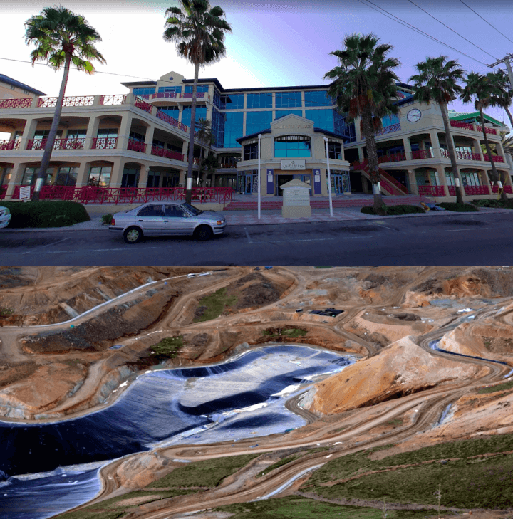 Composición fotográfica, donde aparece la sede ed la offshore de Eduardo Hochschild en las Islas Caimán, y una foto aérea de la mina Inmaculada.