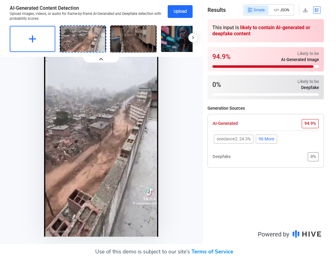 
Captura de un fotograma del video original evaluada por herramienta Hive Moderation, la cual determina que existe un 94.9 % de probabilidad de que el material haya sido generado por Inteligencia Artificial (Captura: Hive Moderation).