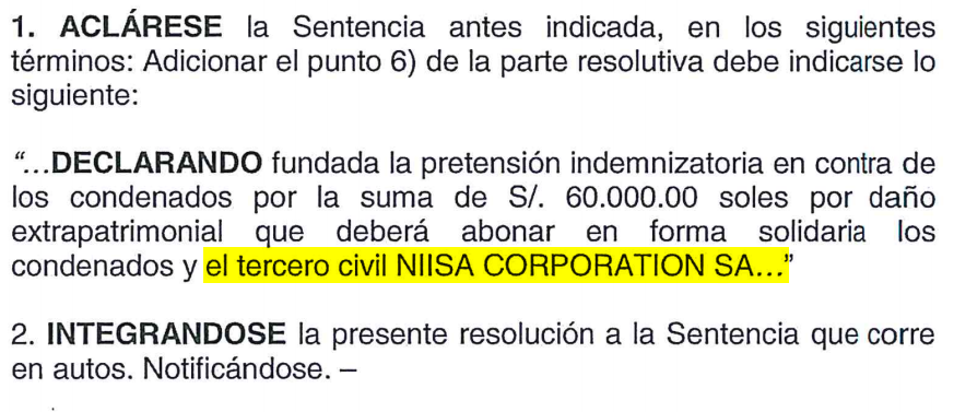 Extracto de la sentencia en primera instancia contra el gerente general de NIISA Corporation.