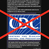 Los CDC, autoridad sanitaria de los Estados Unidos, no han admitido en ningún momento que las pruebas PCR no sirvan para detectar la covid-19.