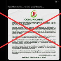 Es falso el supuesto comunicado en el que la bancada de diputados de Juntos por el Perú felicita a Keiko Fujimori como presidenta electa