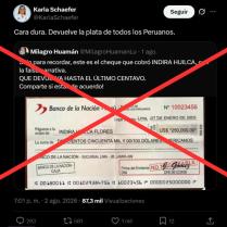 Es falsa la imagen difundida por Karla Schaefer sobre un supuesto cheque a favor de Indira Huilca: fue creada con IA