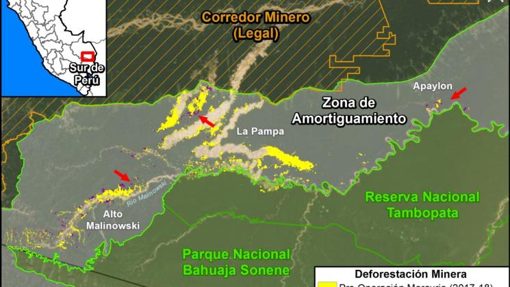 AUMENTO. La minería ilegal crece en otros puntos dentro de la zona de amortiguamiento de la Reserva Nacional Tambopata. 