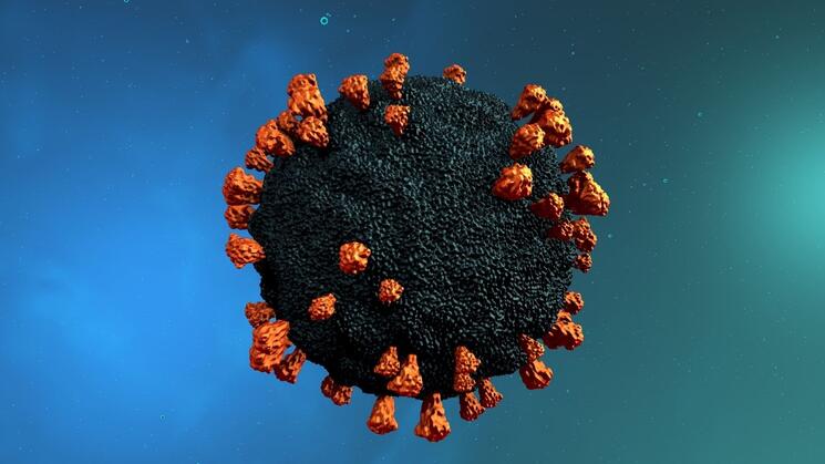 Variante Delta. Vista microscópica de una célula infecciosa del virus SARS-CoV-2. Detalle de virus con proteínas de pico.