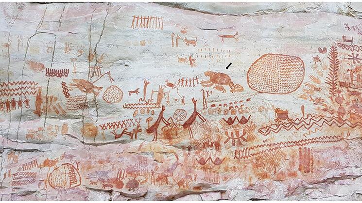 REPRESENTACIONES. Esta foto proporcionada por el arqueólogo José Iriarte muestra el antiguo arte rupestre en la Serranía La Lindosa en Colombia.
