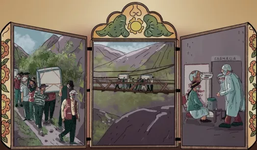 RUTA. El enfermero Óscar Huamán y habitantes de Mollebamba trasladan a su pueblo una congeladora para conservar vacunas. 