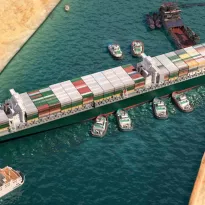 GIGANTE. Ilustración 3D del atasco del buque Ever Given en el Canal de Suez, en Egipto.
