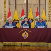NEXOS. De izquierda a derecha, Raúl Fernández, Renzo Reggiardo y Hans Caiazza presentan las acciones legales por temas electorales. Los dos primeros son militantes de Renovación Popular.